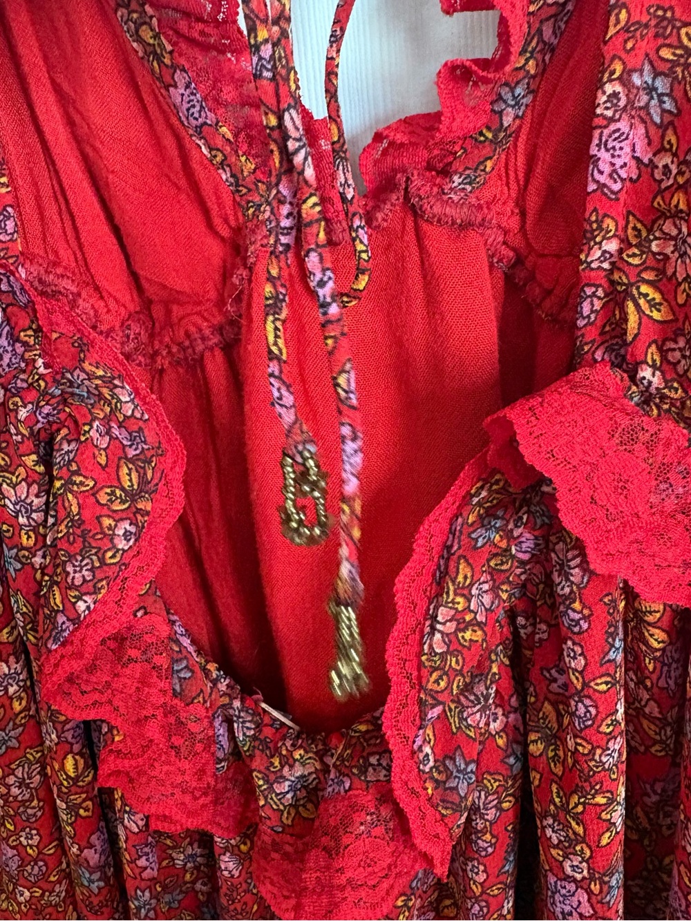 Free People Red Floral Ruffle Peasant Top/Dress - Picture 3 of 8